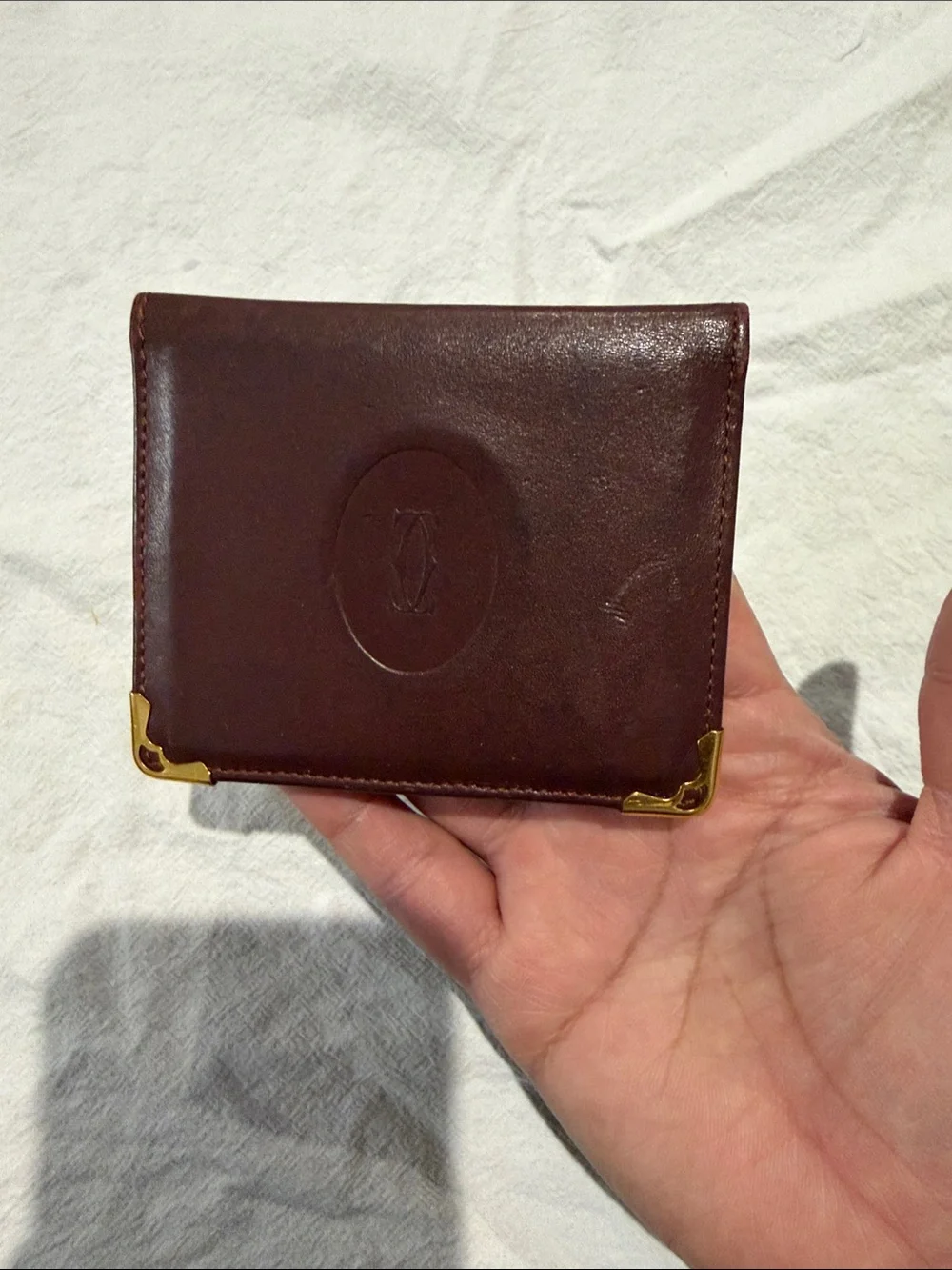 Vintage Cartier Brown Leather Card Holder with Gold Corner Accents